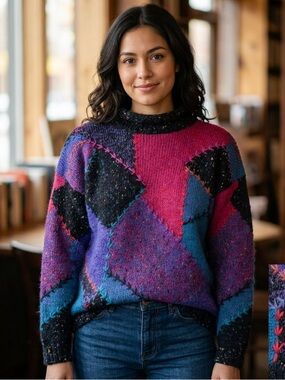 Vintage 80s Segrets Patchwork Womens Wool Blend knit Sweaters Large